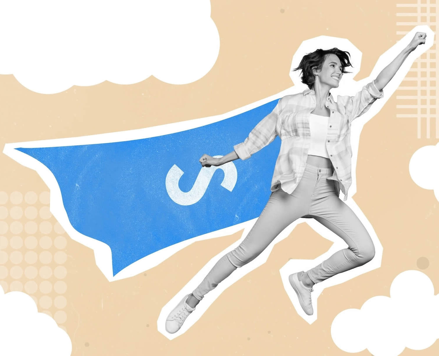 Collage-style illustration of a woman flying with a blue superhero cape featuring the Shopify ‘S’ logo, symbolising Supr Bueno’s creative Shopify web design services for small businesses.